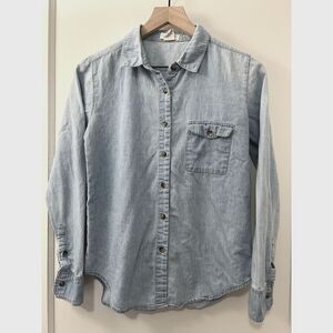 Sans Souci Women's Blue Chambray Long Sleeve Button Up Shirt Size S